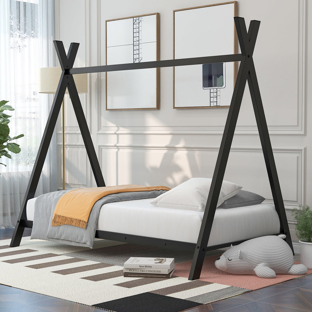 Twin Size House Bed Frame for Kids Toddlers, Twin Platform Bed with 20 Slats for Girls Boys Room, Floor Bed No Box Spring Needed, Black