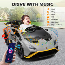 Load image into Gallery viewer, iRerts Gray 24V Lamborghini Ride on Cars with Remote Control, Battery Powered Kids Ride on Toys for Boys Girls 3-8 Ages, 4 Wheels Electric Cars for Kids with Bluetooth/Music/USB Port/LED Lights
