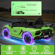 Load image into Gallery viewer, iRerts Green 24V Lamborghini Xago Battery Powered Ride On Cars with Remote Control for Boys Girls Gifts, Kids Ride on Toys with Bluetooth, Music, MP3, USB, LED lights
