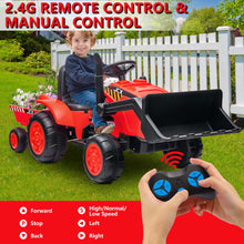 Load image into Gallery viewer, iRerts 12V Kids Ride on Car, Ride on Tractor with Remote Control, Electric Excavator Vehicle Construction Truck with Trailer, Adjustable Bucket, Toddlers Bulldozer Tractor with 3 Speeds, Music, Red
