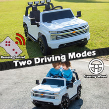 Load image into Gallery viewer, iRerts 12V Battery Powered Ride on Cars with Remote Control, Licensed Chevrolet Silverado 2 Seater Kids Electric Cars for 2-6 Ages Kids Gift, Ride On Toy with Music, MP3/USB/AUX Port, LED Light, White
