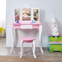 Load image into Gallery viewer, iRerts Kids Vanity with Fold 3 Mirror Girls Vanity Table Princess Makeup Dressing Table, Kids Furniture, Girls Vanity Set with Mirror
