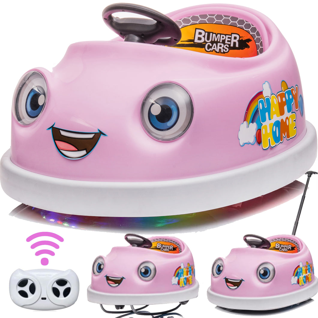 iRerts Kids Bumper Car with Remote Control, 12V Bumper Car for Toddlers Ages 1-6 Years with Rocking Horse Mode, Push Rod, Dinner Plate, USB Bluetooth Music, Ride on Toys Car for Boys Girls Gifts, Pink