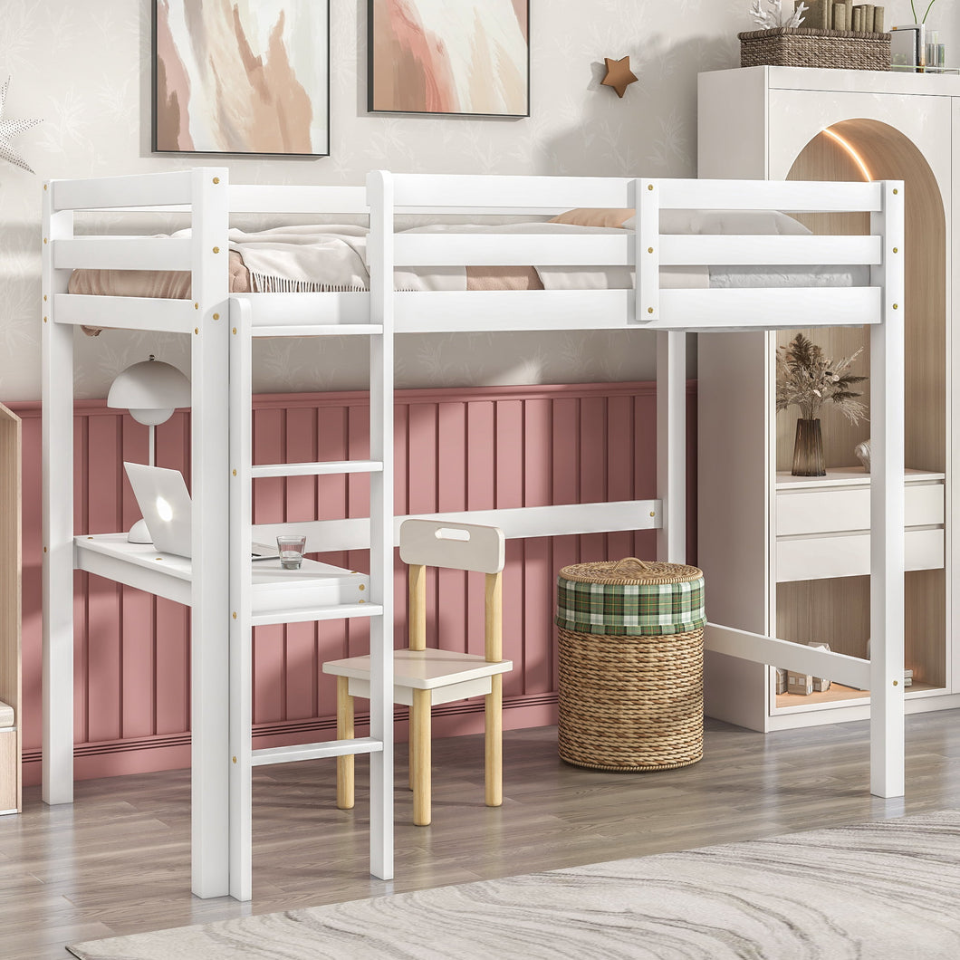 iRerts Twin Loft Bed with Desk for Kids Teens Junior Adults, Solid Wood Loft Bed with Built-in Desk & Safety Guard Rail & Reinforced Ladders, Easy to Assemble, White