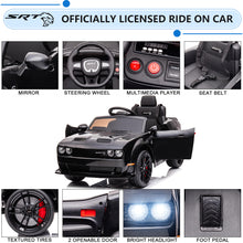 Load image into Gallery viewer, 12v Ride on Cars with Remote Control, Licensed Dodge Challenger Battery Powered Kids Electric Car, Ride on Toys for Kids Boys Girls 3-5 Ages Gift with Bluetooth, Music, USB/MP3 Port, LED Light, Black
