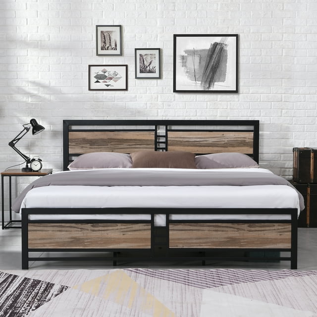 iRerts King Size Platform bed frame, Industrial Heavy Duty Metal King Bed Frame Mattress Foundation with 1100 LBS Weight Capacity, Noise-Free, No Box Spring Needed, Wood Headboard