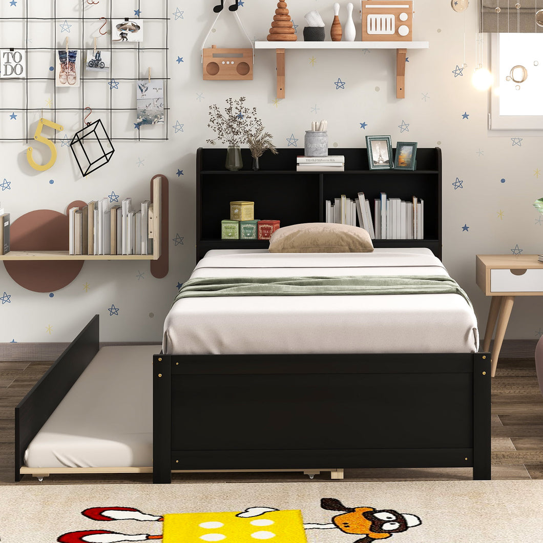 iRerts Twin Bed Frame with Trundle, Kids Bed Frame with Storage Headboard and Trundle, Space-saving Platform Bed with Storage for Girls Boys Toddlers Bedroom, Espresso
