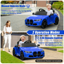 Load image into Gallery viewer, BMW M4 Blue 12V Ride On Cars with Remote Control, Battery Powered Ride on Toys with Music, Bluetooth, Story, USB/MP3 Port, LED Light, Kids Electric Vehicle for Boys Girls with Wheels, Easy to Carry
