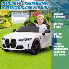 Load image into Gallery viewer, BMW M4 White 12V Ride On Cars with Remote Control, Battery Powered Ride on Toys with Music, Bluetooth, Story, USB/MP3 Port, LED Light, Kids Electric Vehicle for Boys Girls with Wheels, Easy to Carry
