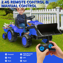 Load image into Gallery viewer, iRerts 12V Kids Ride on Car, Ride on Tractor with Remote Control, Electric Excavator Vehicle Construction Truck with Trailer, Adjustable Bucket, Toddlers Bulldozer Tractor with 3 Speeds, Music, Blue
