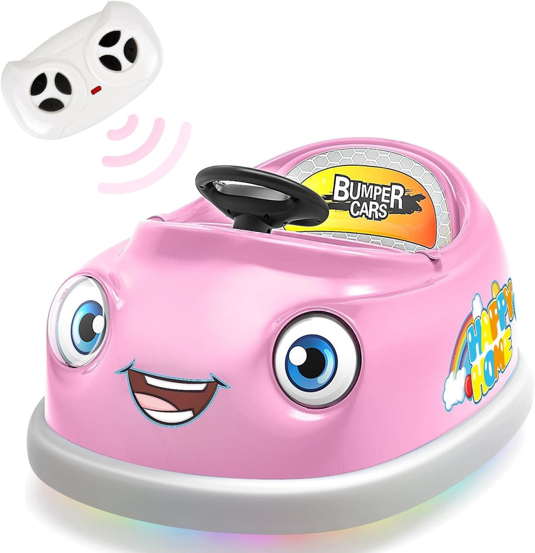 12V Bumper Car for Toddlers, iRerts Kids Bumper Car with Remote Control, Rocking Horse Mode, Push Rod, Dinner Plate, USB Bluetooth Music, Electric Toddler Ride On Toys for Kids Ages 1-6 Years, Pink