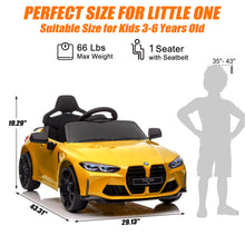 Load image into Gallery viewer, BMW M4 Yellow 12V Ride On Cars with Remote Control, Battery Powered Ride on Toys with Music, Bluetooth, Story, USB/MP3 Port, LED Light, Kids Electric Vehicle for Boys Girls with Wheels, Easy to Carry
