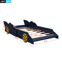 Load image into Gallery viewer, iRerts Race Car Shaped Twin Bed Frame, Wood Twin Platform Bed Frame for Kids Toddlers, Children Twin Size Platform Bed with Wheels, Wooden Slats, No Box Spring Needed, Blue/Yellow
