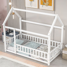 Load image into Gallery viewer, iRerts Twin Bed Frame Floor Bed, Wooden Kids Twin Bed Frame with House Roof Frame, Floor Twin Bed Frame for Toddlers Girls Boys Bedroom, House Floor Bed Frame with Fence Guardrails, White
