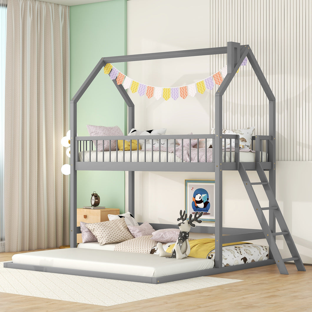 iRerts Twin Over Twin Bunk Bed with Extending Trundle, Wood Bunk Bed Twin Over Twin with Ladder and Roof, Versatility Kids Bunk Bed No Box Spring Needed for Boys Girls Bedroom Furniture, Gray