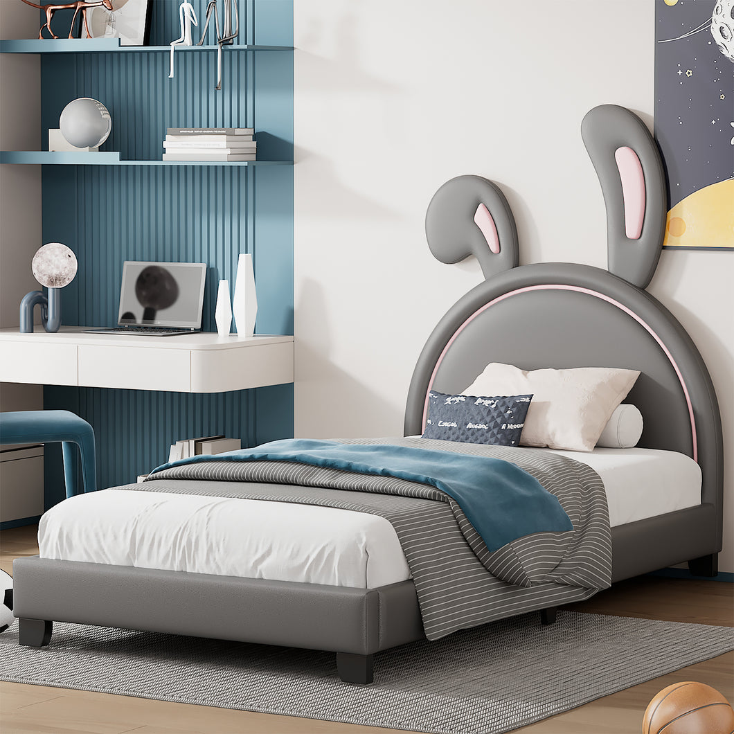 iRerts Twin Bed Frame, Cute Twin Size Upholstered Leather Platform Bed Frame with Rabbit Headboard, Twin Platform Bed Frame for Kids Teens, Platform Bed Twin for Bedroom, No Box Spring Needed, Gray