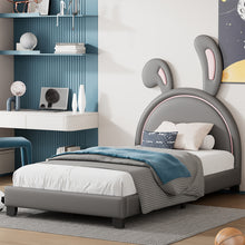 Load image into Gallery viewer, iRerts Twin Size Upholstered Platform Bed, Cute Twin Bed Frame for Kids Teens Bedroom, Twin Platform Bed Frame with Rabbit Ears Headboard, Kids Twin Bed Frame No Box Spring Needed, Gray
