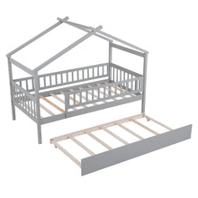 Load image into Gallery viewer, Twin Bed Frame with Twin Size Trundle, iRerts Wood Twin House Bed  with Roof, Modern Twin Platform Bed Frame No Box Spring Needed, Twin Size Bed Frame for Kids Boys Girls Bedroom, Gray
