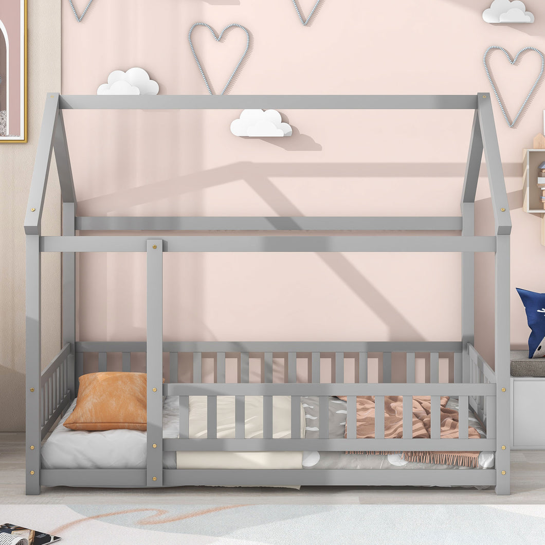 iRerts Twin Bed Frame Floor Bed, Wooden Kids Twin Bed Frame with House Roof Frame, Floor Twin Bed Frame for Toddlers Girls Boys Bedroom, House Floor Bed Frame with Fence Guardrails, Gray