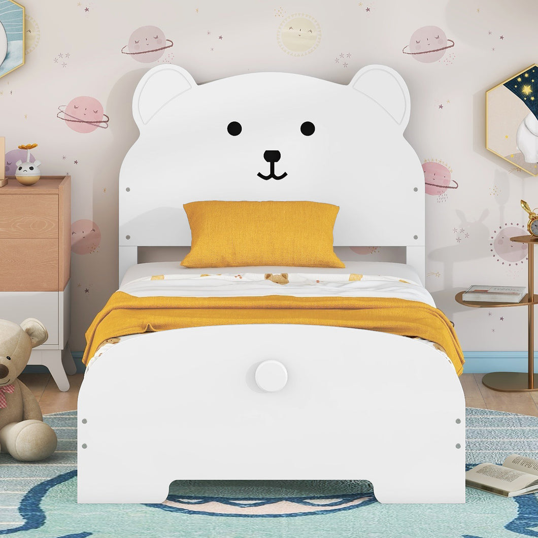 iRerts Wood Twin Platform Bed Frame with Bear-shaped Headboard and Footboard, Kids Twin Bed Frame for Boys Girls with Slats Support, Twin Bed Frames No Box Spring Needed for Bedroom, White