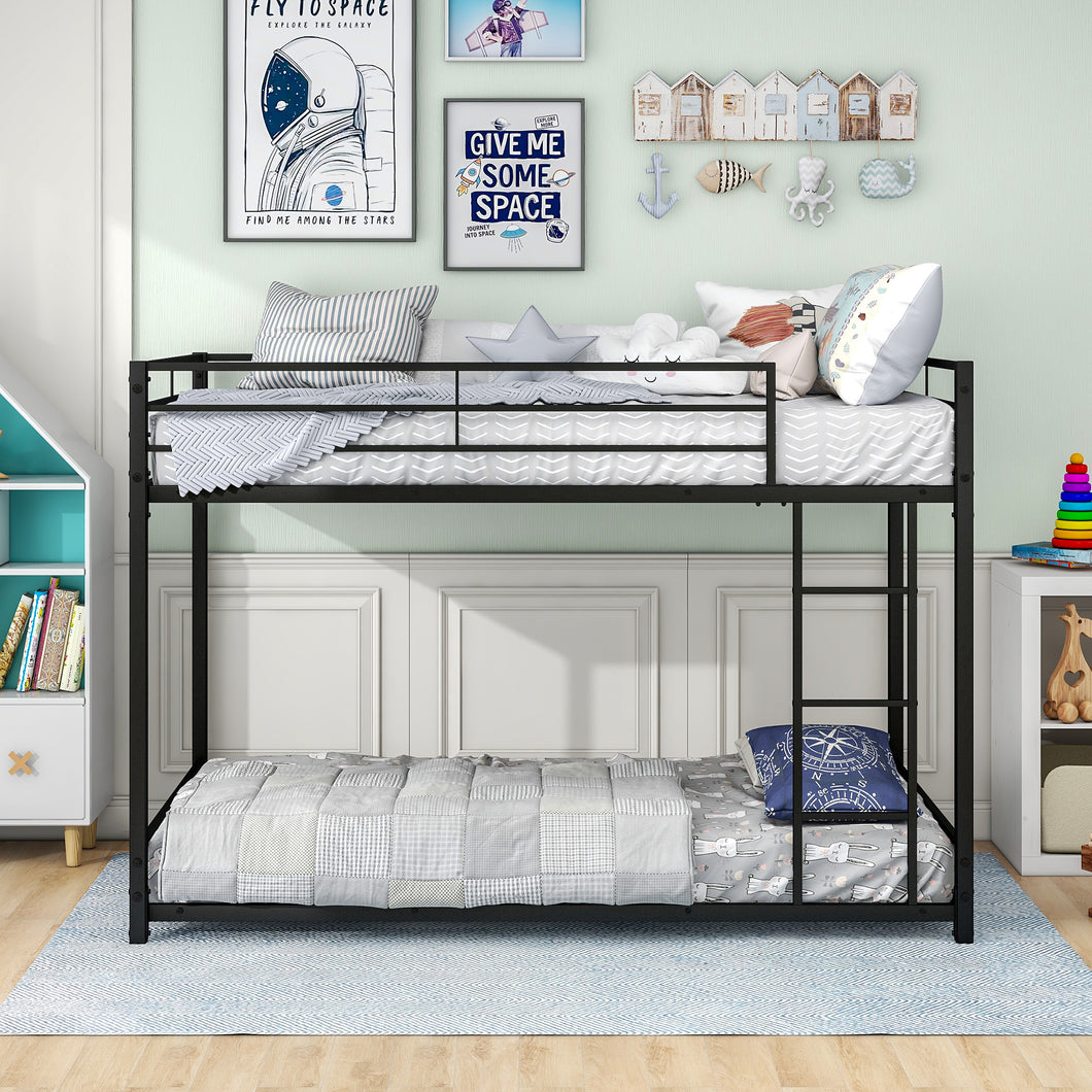 iRerts Metal Floor Bunk Bed, Twin Over Twin Low Bunk Bed for Kids Teens Adults, Twin Over Twin Bunk Bed with Ladder/Guardrails, Heavy Duty Twin Bunk Bed for Bedroom Dorm, No Box Spring Needed, Black
