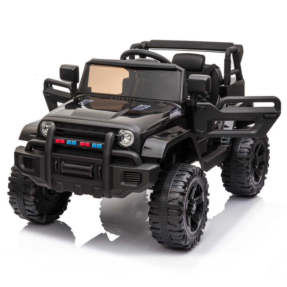 iRerts Black Kids 12V Ride on Truck with Remote Control for 2- 4 Years Old, Horn, LED Lights, MP3 Player, Radio, USB Port, Spring Suspension