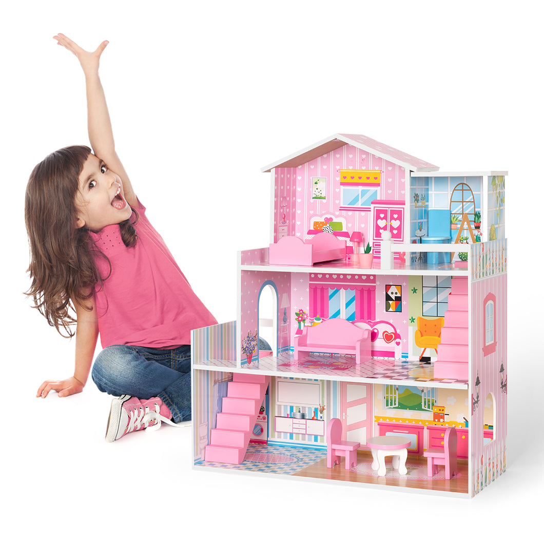 iRerts Doll Houses for Girls, Wooden Doll House with 8 Furniture, 3 Story Doll House Playset with Balcony, 2 Stairways, Holiday Birthday Gift for Ages 3+