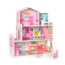Load image into Gallery viewer, iRerts Doll Houses for Girls, Wooden Doll House with 8 Furniture, 3 Story Doll House Playset with Balcony, 2 Stairways, Holiday Birthday Gift for Ages 3+
