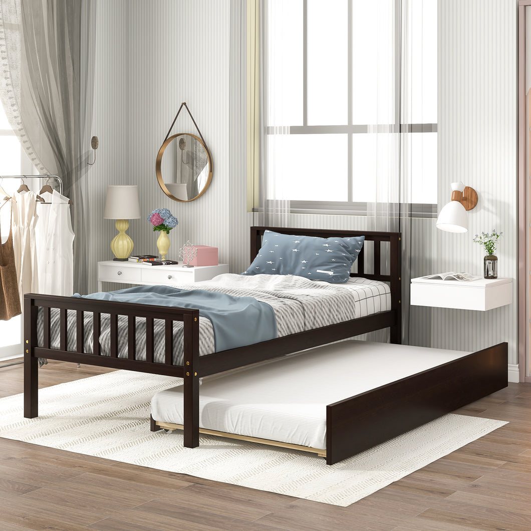 iRerts Espresso Wood Platform Bed Frame with Trundle, Kids Daybed with Headboard and Footboard for Boys Girls Sleepovers