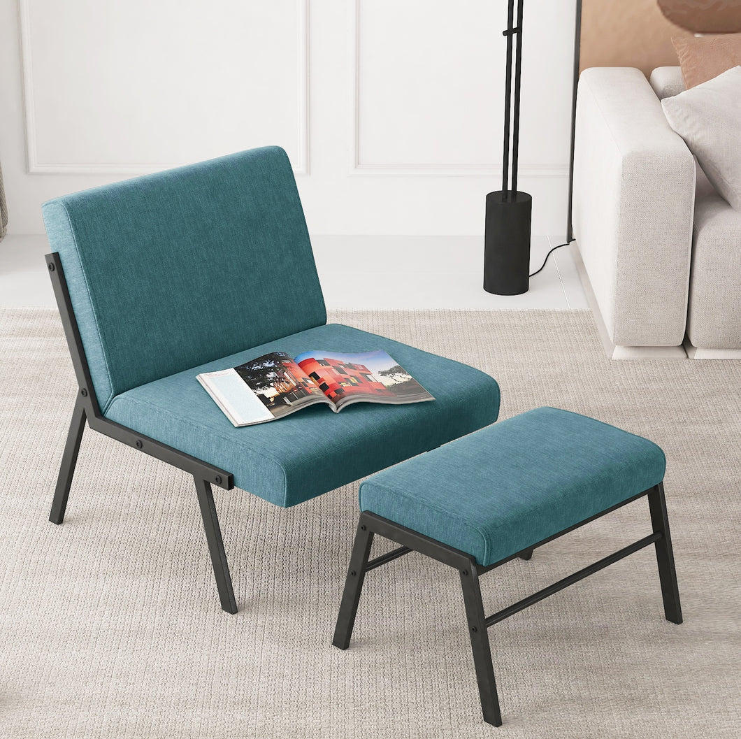 Modern Fabric Accent Chair with Ottoman, Blue Linen Accent Chair Modern with Metal Legs, Armless Living Room Chair, Single Sofa Chair for Bedroom Reading