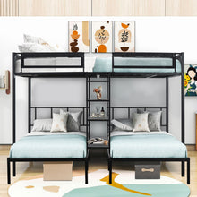 Load image into Gallery viewer, Full Over Twin Over Twin Bunk Bed, iRerts Modern Metal Triple Bunk Beds, Black Triple Bunk Beds with Shelves, Bedroom Furniture Full over Twins Bunk Bed for Dormitory Kids Room, No Box Spring Needed
