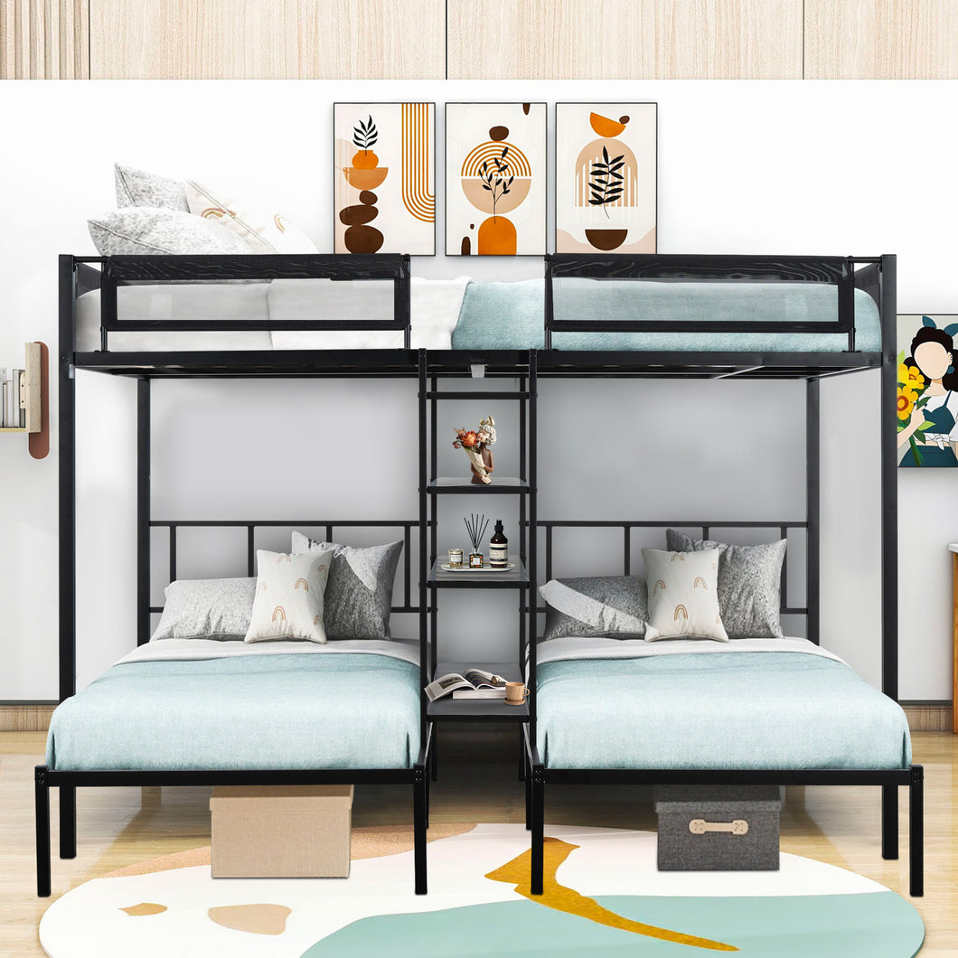 Metal Triple Bunk Beds, iRerts Triple Full Bunk Bed for Kids Teens Adults, Full Over Twin Over Twin Bunk Bed with Shelves and Guardrails, Bunk Bed for Dormitory Kids Room, No Box Spring Needed, Black