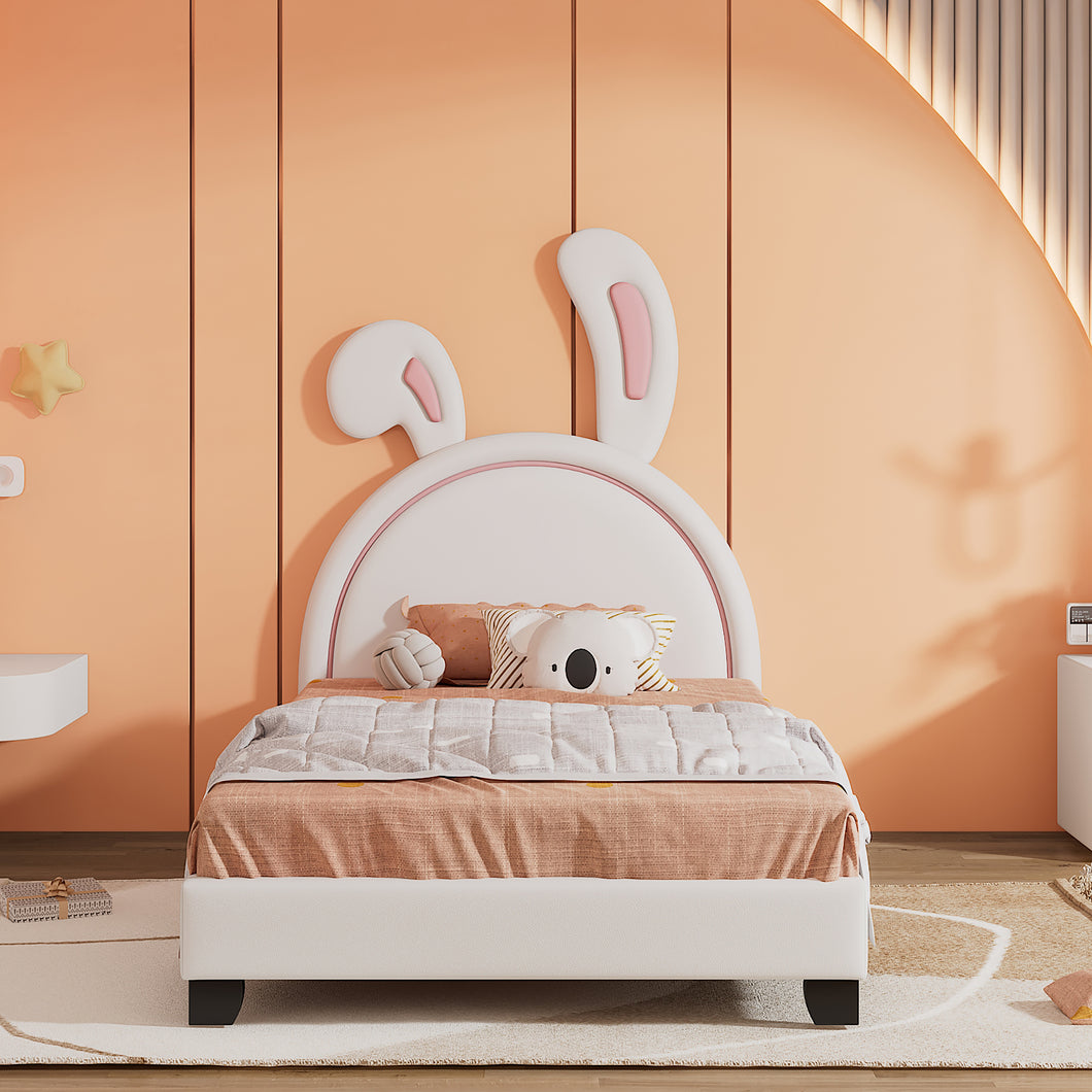 iRerts Twin Size Upholstered Platform Bed, Cute Twin Bed Frame for Kids Teens Bedroom, Twin Platform Bed Frame with Rabbit Ears Headboard, Kids Twin Bed Frame No Box Spring Needed, White