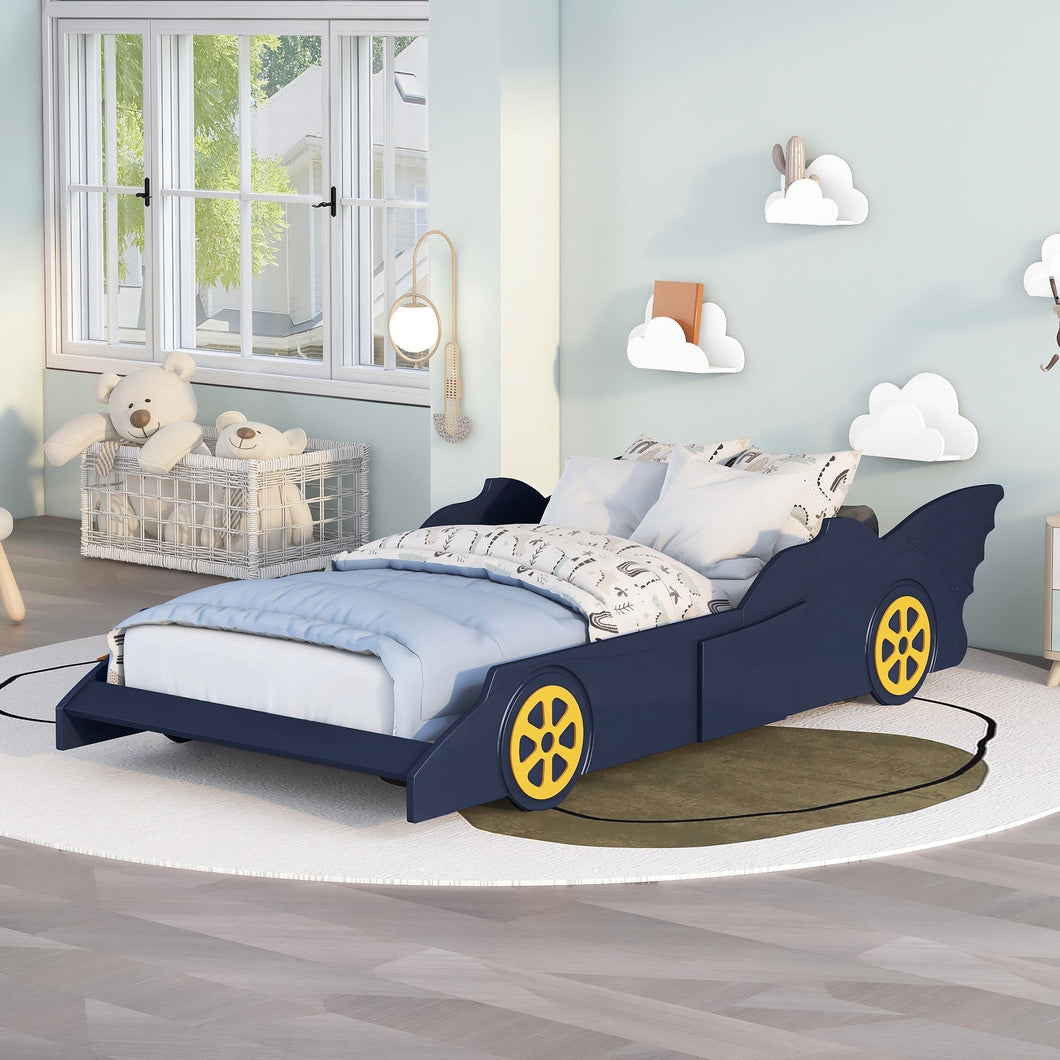 iRerts Race Car Shaped Twin Bed Frame, Wood Twin Platform Bed Frame for Kids Toddlers, Children Twin Size Platform Bed with Wheels, Wooden Slats, No Box Spring Needed, Blue/Yellow
