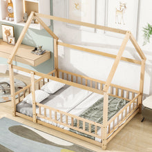 Load image into Gallery viewer, iRerts Floor Full Bed Frame, Wooden Full Size Bed Frame for Girls Boys, Full Bed Frame with House Roof Frame and Fence Guardrails, Toddler House Full Bed Frame for Kids Bedroom Living Room, Nartural
