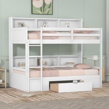 Load image into Gallery viewer, iRerts Twin Over Twin Bunk Bed with Storage Drawer, Wood Twin Bunk Bed with Built-in Shelves Beside Both Upper and Down Bed, Bunk Bed Twin Over Twin for Kids Teens Bedroom, No Box Spring Needed, White
