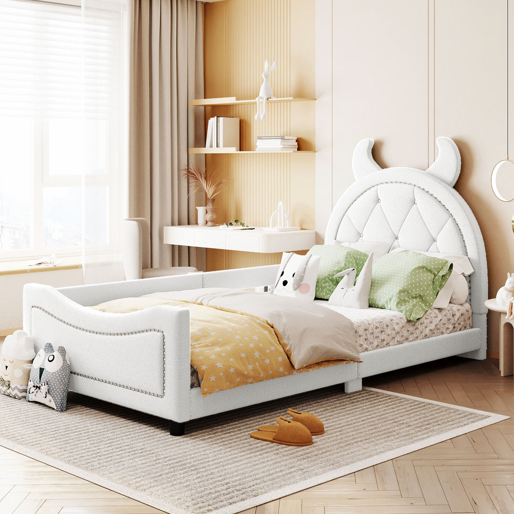 iRerts Twin Size Upholstered Daybed Frame for Kids, Teddy Fleece Twin Platform Bed Frame with OX Hor Shaped Headboard and Footboard, Wood Twin Size Sofa Bed for Girls Boys, White