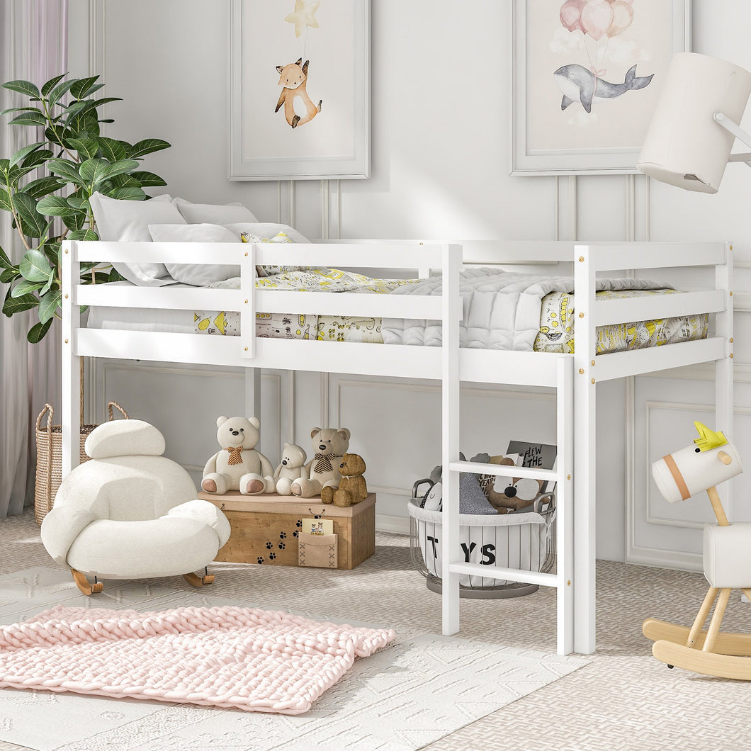 Low Twin Wood Loft Bed with Full-length Safety Rail and Ladder, Loft Bed Frame for Kids Toddlers, Solid Pine Wood, No Box Spring Needed, White