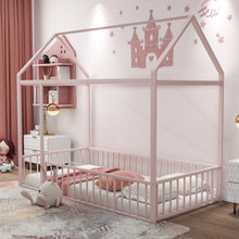 Load image into Gallery viewer, iRerts Floor Twin Bed Frame, Metal Twin Size Bed Frame for Girls Boys, Twin Bed Frame with House Roof Frame and Fence Guardrails, Toddler House Twin Bed Frame for Kids Bedroom Living Room, Pink
