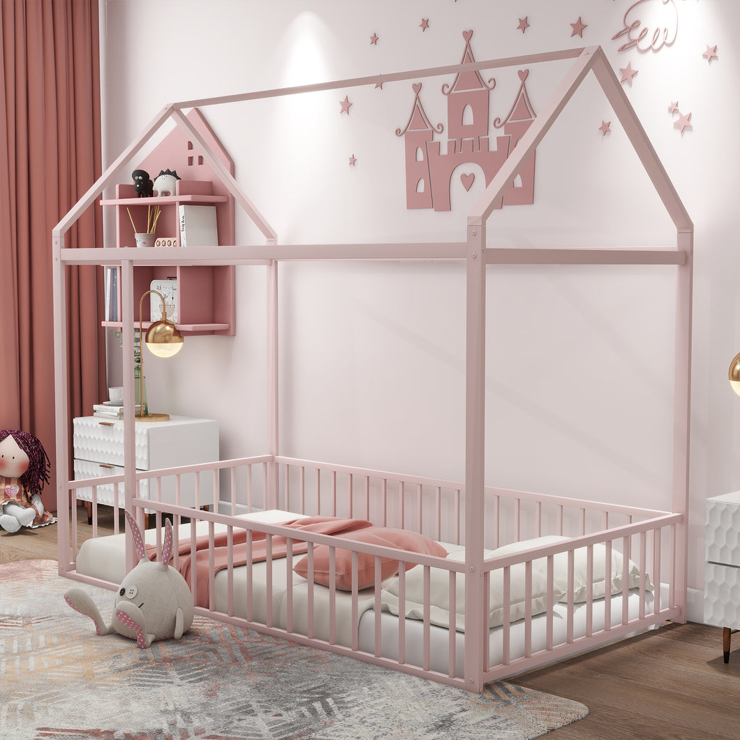 iRerts Floor Twin Bed Frame, Metal Twin Size Bed Frame for Girls Boys, Twin Bed Frame with House Roof Frame and Fence Guardrails, Toddler House Twin Bed Frame for Kids Bedroom Living Room, Pink