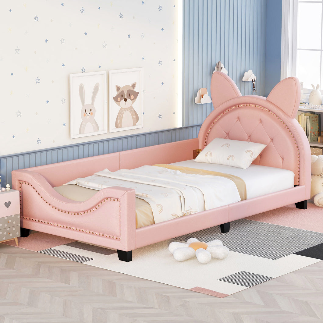 iRerts Twin Size Upholstered Daybed, Wooden Low Daybed Frame for Kids Teens with Cartoon Ears Headboard, Cute Kids Twin Bed Frame No Box Spring Needed, Twin Daybed Platform Bed Frame, Pink