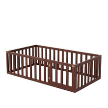 Load image into Gallery viewer, iRerts Twin Floor Bed Frame for Kids Toddlers, Wood Montessori Low Floor Twin Size Bed Frame with Fence Guardrail and Door, kids Twin Bed for Boys Girls, Spring Needed, Walnut
