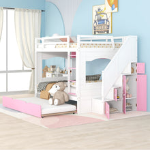 Load image into Gallery viewer, iRerts Full Over Full Bunk Bed with Trundle, Solid Wood Bunk Beds Full over Full with Storage Cabinet, Stairs and Ladders, Full Bunk Beds for Kids Teens Bedroom, White/Pink
