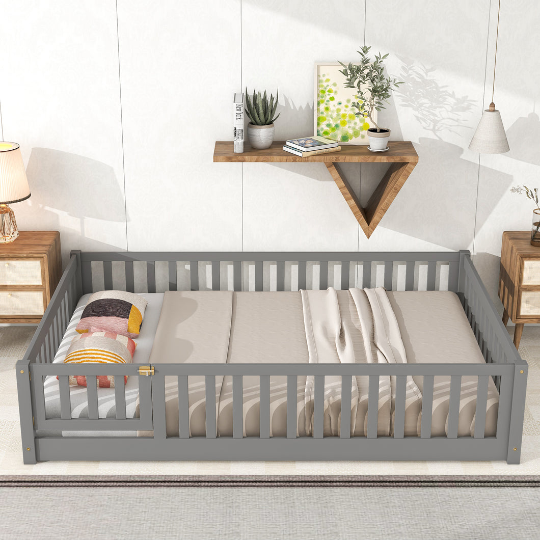 iRerts Full Floor Bed Frame for Kids Toddlers, Wood Low Floor Full Size Bed Frame with Fence Guardrail and Door, kids Full Bed for Boys Girls, No Box Spring Needed, Gray