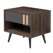 Load image into Gallery viewer, iRerts Side Table with Charging Station, Wood Nightstand with Drawer, USB Charging Ports and Black Handle, Modern Storage Bedside Table End Table for Bedroom Living Room, Walnut
