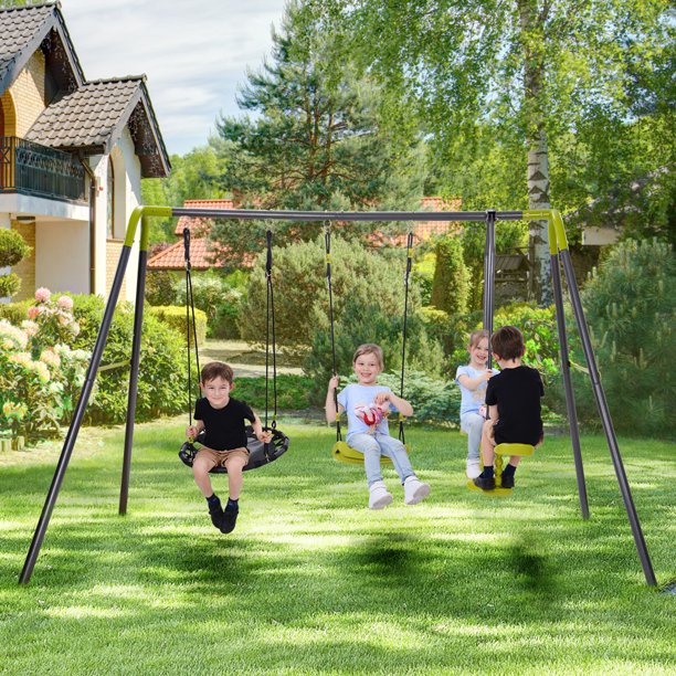 iRerts 3 in 1 Swing Set, 3-12 Year Old Kids Outdoor Playset Swing Set for Backyard, Heavy Duty Steel A-Frame with Height Adjustment Seat Swing, Glider, Saucer Swing, Metal Swing Set for 4 Boys/Girls