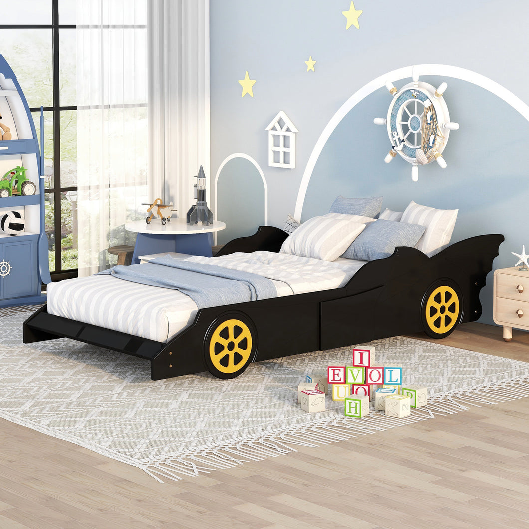 iRerts Twin Size Race Car Bed Frame with Wheels, Wood Twin Platform Bed Frame with Support Slats, Twin Bed Frame for Kids Boys Girls Teens Bedroom, No Box Spring Needed, Black/Yellow