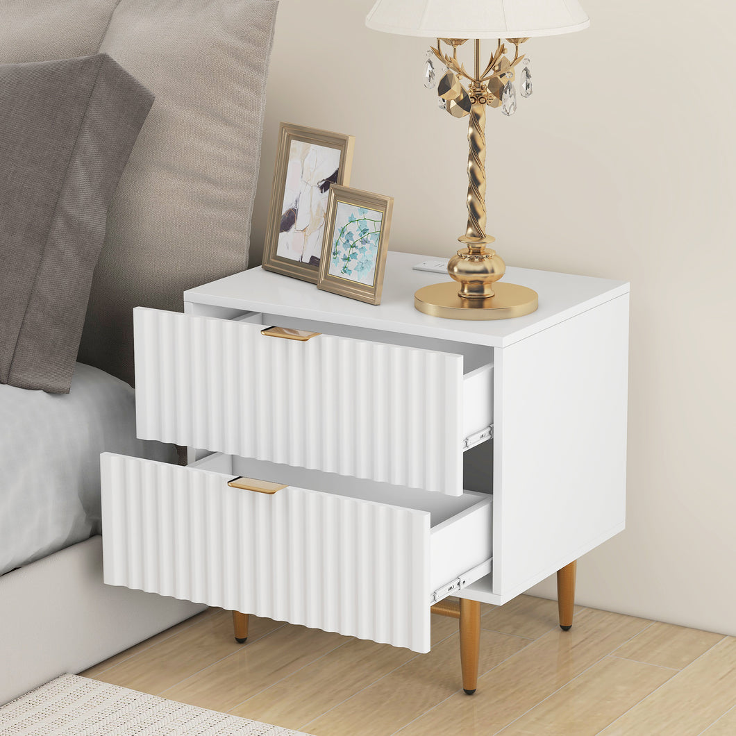 iRerts Side Table with Charging Station, Wood Nightstand with Drawers, USB Charging Ports and Golden Handle, Modern Storage Bedside Table End Table for Bedroom Living Room, White