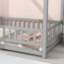 Load image into Gallery viewer, iRerts Floor Twin Bed Frame, Wooden Twin Size Bed Frame for Girls Boys, Twin Bed Frame with House Roof Frame and Fence Guardrails, Toddler House Twin Bed Frame for Kids Bedroom Living Room, Gray
