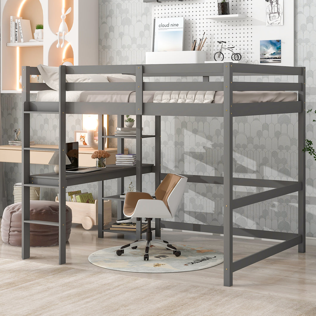 iRerts Wooden Loft Bed with Desk and Shelves, Full Loft Bed Frame for Kids Teens Adults, Full Loft Bed with Ladder and Guardrail, Loft Bed Frame Full for Bedroom Dormitory, No Box Spring Needed, Gray